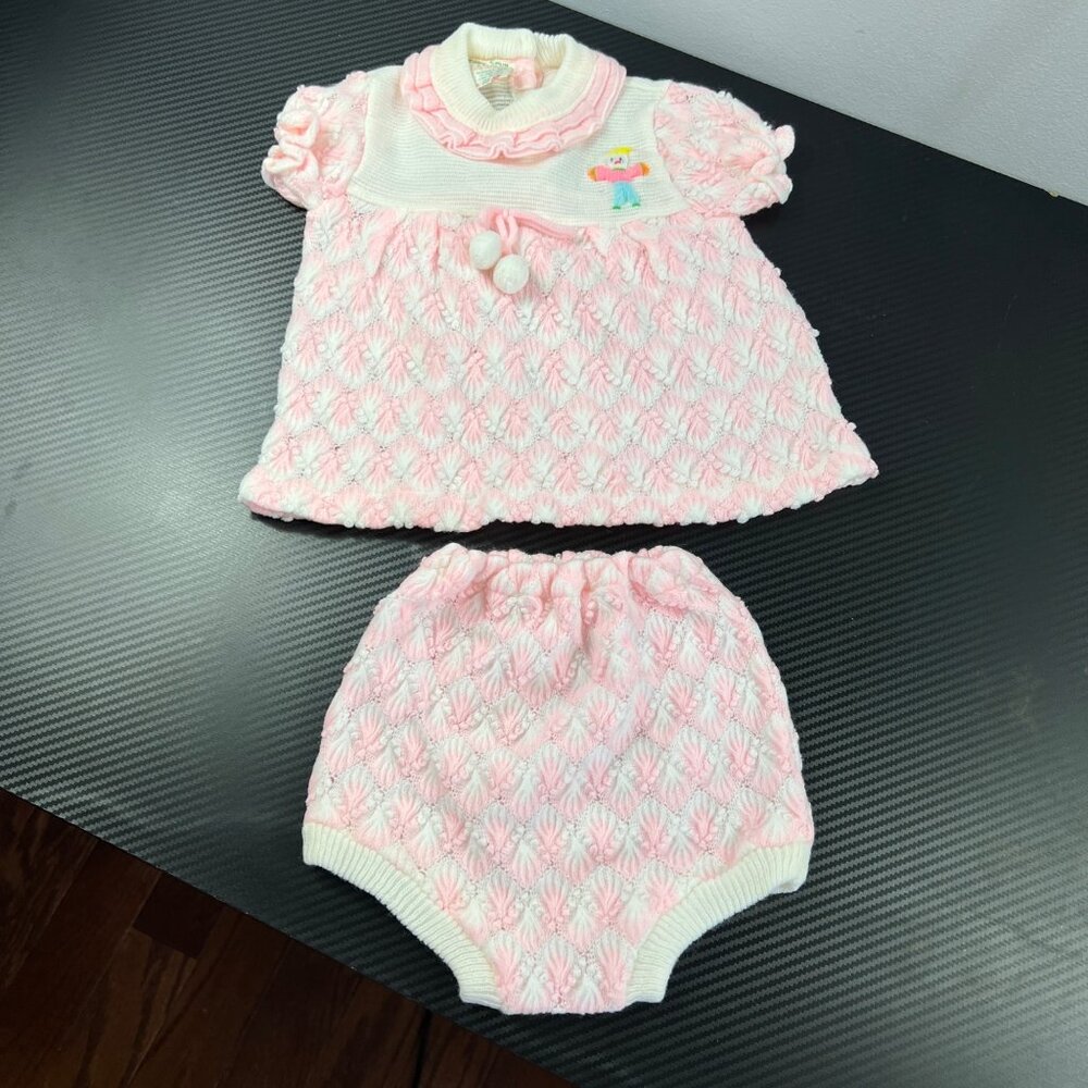 Vintage Soft Spun Knit Pink Baby Dress & Bloomers Set Made in Japan 6-12 months